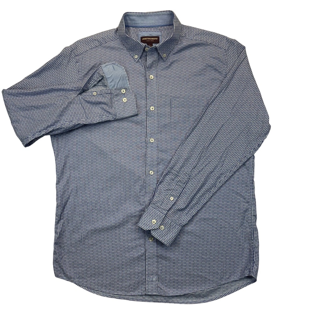 Johnston & Murphy Mens Large Blue Gingham Cotton Button Down Shirt Long Sleeve
